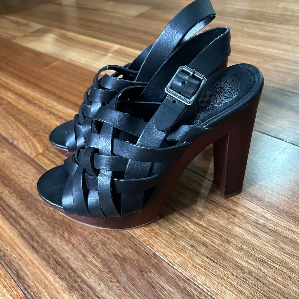 Vince Camuto Black Leather Woven Platform Block‎ Heel Slingback Sandals 8.5M